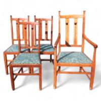 A Set of Four Arts and Crafts Oak Dining Chairs Covered in Morris & Co., Fabric