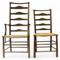 C R Ashbee for Guild of Handicraft. A beech ladderback armchair with a re-rushed seat - Thumbnail 1