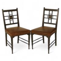 Lambs of Manchester. A pair of fine Anglo-Japanese ebonized and parcel gilt side chairs. - Thumbnail 1