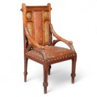 John Pollard Seddon for Seddon and Co. An important Gothic Revival carved oak embossed leather and caned armchair - Thumbnail 1