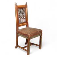 A Gothic Revival painted, carved and pierced oak side chair, possibly designed by William Burgess - Thumbnail 1