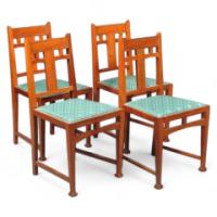Birmingham Guild of Handicraft. A set of four oak and chequer line inlaid side chairs - Thumbnail 1