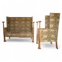 J S Henry (attributed). An oak and inlaid sofa and armchair - Thumbnail 1