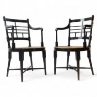 E W Godwin for William Watt. A rare pair of Old English or Jacobean ebonised curved back elbow chair - Thumbnail 1