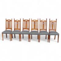 G M Ellwood for J S Henry. A set of six Arts and Crafts oak dining chairs inlaid with pewter and Ebony hearts - Thumbnail 1
