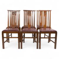 Liberty & Co., Six Arts & Crafts Oak Dining Chairs with Stylized Floral Carving - Thumbnail 1