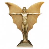 A cold patinated spelter Art Deco table lamp depicting a nude maiden with Alabaster wings and outstretched arms. - Thumbnail 1