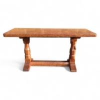 An Arts Crafts oak adzed coffee table with mouse running up the leg - Thumbnail 1