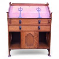 J S Henry. An Arts and Crafts oak bureau with elongated brass handles - Thumbnail 1