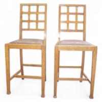 Heals of London. A good quality rare pair of Heals and Co oak lattice back music/breakfast bar stools - Thumbnail 1