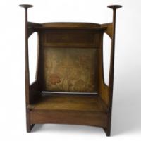 Liberty and Co. An Arts and Crafts oak settle with fabric of The Silver Studio's - Thumbnail 1