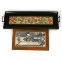 Royal Worcester. An Anglo-Japanese Tray with Silk Embroidery with Cast Brass Bamboo Handles - Thumbnail 1