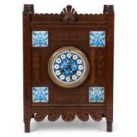 Aesthetic Movement Oak Mantle Clock by Howell & James with Blue Tile Insets - Thumbnail 1