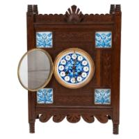 Aesthetic Movement Oak Mantle Clock by Howell & James with Blue Tile Insets - Thumbnail 2