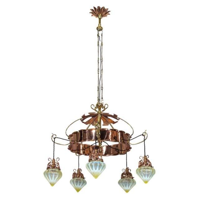 W. A. S. Benson. An Arts & Crafts Copper & Brass Chandelier with 5 Vaseline Shades