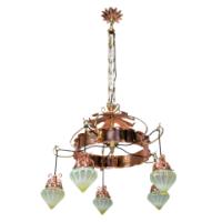 W. A. S. Benson. An Arts & Crafts Copper & Brass Chandelier with 5 Vaseline Shades - Thumbnail 2