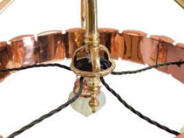 W. A. S. Benson. An Arts & Crafts Copper & Brass Chandelier with 5 Vaseline Shades - Thumbnail 9