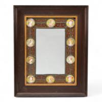 Historicist Oak Mirror with Enamelled Roundels of Noble Figures c.1880