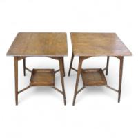 Pair of Arts & Crafts Oak Side Tables with Lower Plant Shelf c.1900 - Thumbnail 1
