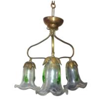 Arts and Crafts Three Branch Brass Ceiling Light with Petal Fitters