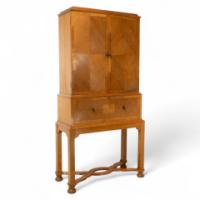 Charles Spooner Arts & Crafts Oak Secretaire Cabinet with Serpentine Stretchers - Thumbnail 1