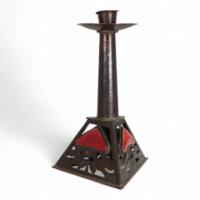 C. F. A. Voysey, attributed. An Arts & Crafts Copper & Enamel Candlestick by Richard Rathbone