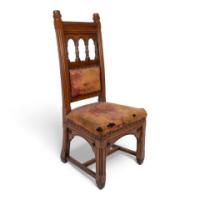 Bruce Talbert. A Gothic Revival Tall Back Oak Chair with the Original Upholstery