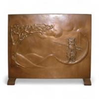 A Copper Fire Screen with an Owl Standing on the Crescent Moon Beside a Stylised Tree