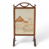 Anglo-Japanese Oak Firescreen with Torii Gate and River Scene c.1885
