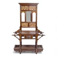 E. W. Godwin Style Of, Anglo-Japanese Oak Hallstand with Songbirds on Blossoms