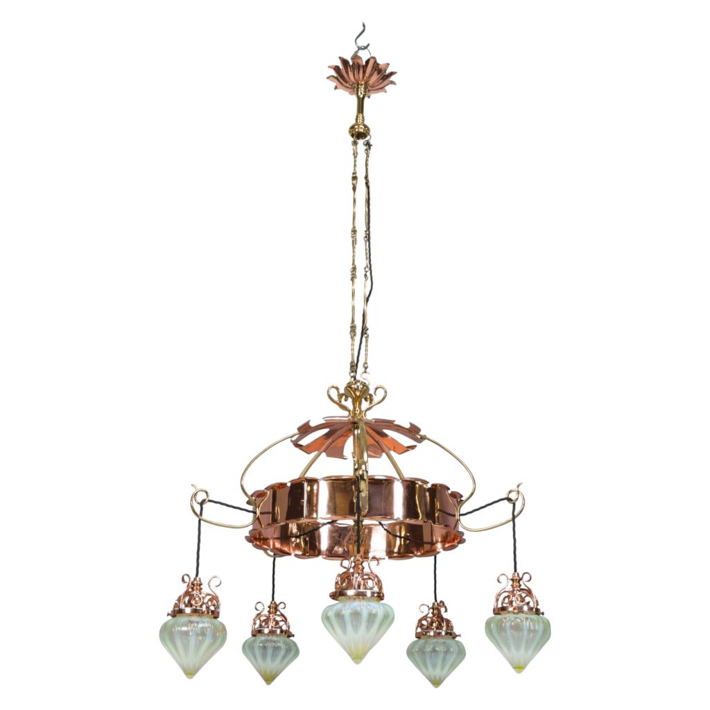 Arts and Crafts copper and brass chandelier with Vaseline shades by W. A. S. Benson