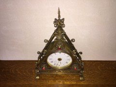 Bruce Talbert. A Reformed Gothic brass triform mantel timepiece - Thumbnail 3