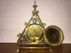 Bruce Talbert. A Reformed Gothic brass triform mantel timepiece - Thumbnail 9