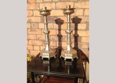 An impressive pair of tall Arts and Crafts silver plated candle stick - Thumbnail 1