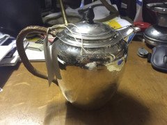 WAS Benson. A rare silver tea pot with wickerwork handle - Thumbnail 1