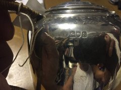WAS Benson. A rare silver tea pot with wickerwork handle - Thumbnail 2
