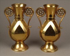 A W N Pugin. A pair of Gothic Revival brass flower vases engraved 'St Mary's Parish' - Thumbnail 1