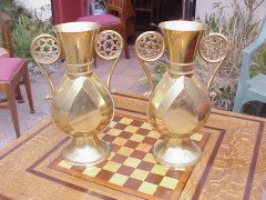 A W N Pugin. A pair of Gothic Revival brass flower vases engraved 'St Mary's Parish' - Thumbnail 2