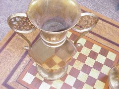 A W N Pugin. A pair of Gothic Revival brass flower vases engraved 'St Mary's Parish' - Thumbnail 7