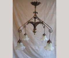WAS Benson. A rare four branch copper and brass chandelier - Thumbnail 1