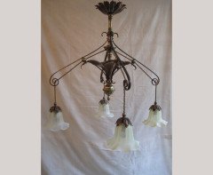 WAS Benson. A rare four branch copper and brass chandelier - Thumbnail 2