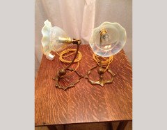 WAS Benson. A rare pair of swan shaped table lights with mistletoe leaf and berry bases. - Thumbnail 1
