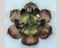 WAS Benson. A brass and copper oil lamp with three tiered brass flower outer leaves - Thumbnail 1