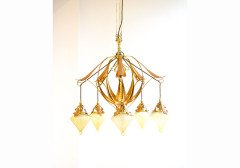 WAS Benson. A rare five arm chandelier with original James Powell Vaseline shades - Thumbnail 1