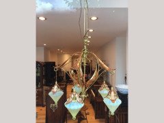 WAS Benson. A rare five arm chandelier with original James Powell Vaseline shades - Thumbnail 5