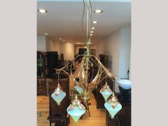 WAS Benson. A rare five arm chandelier with original James Powell Vaseline shades - Thumbnail 6