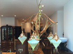 WAS Benson. A rare five arm chandelier with original James Powell Vaseline shades - Thumbnail 7