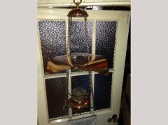 WAS Benson. A brass and copper hanging tiered oil lamp with petal shade to the top. - Thumbnail 1