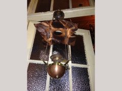 WAS Benson. A brass and copper hanging tiered oil lamp with petal shade to the top. - Thumbnail 2