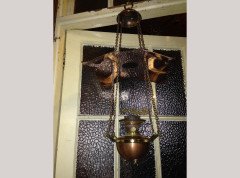WAS Benson. A brass and copper hanging tiered oil lamp with petal shade to the top. - Thumbnail 3
